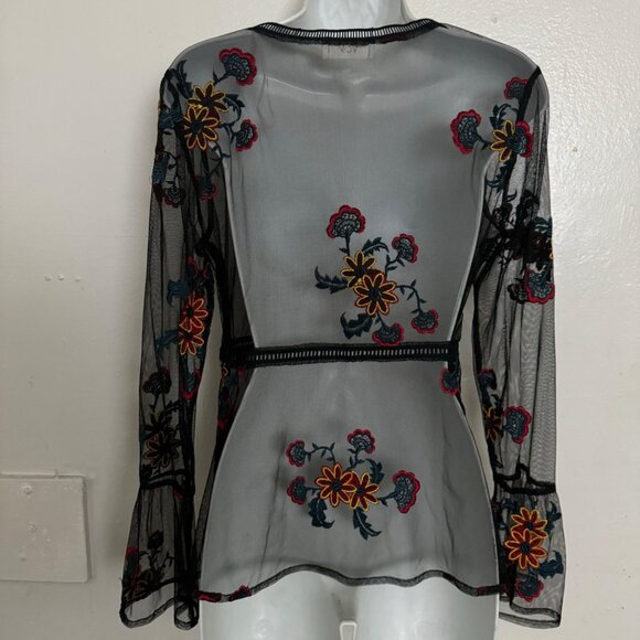 Vov womens blouse see through mesh Vneck Long Sleeve sz medium Black color - Picture 2 of 10